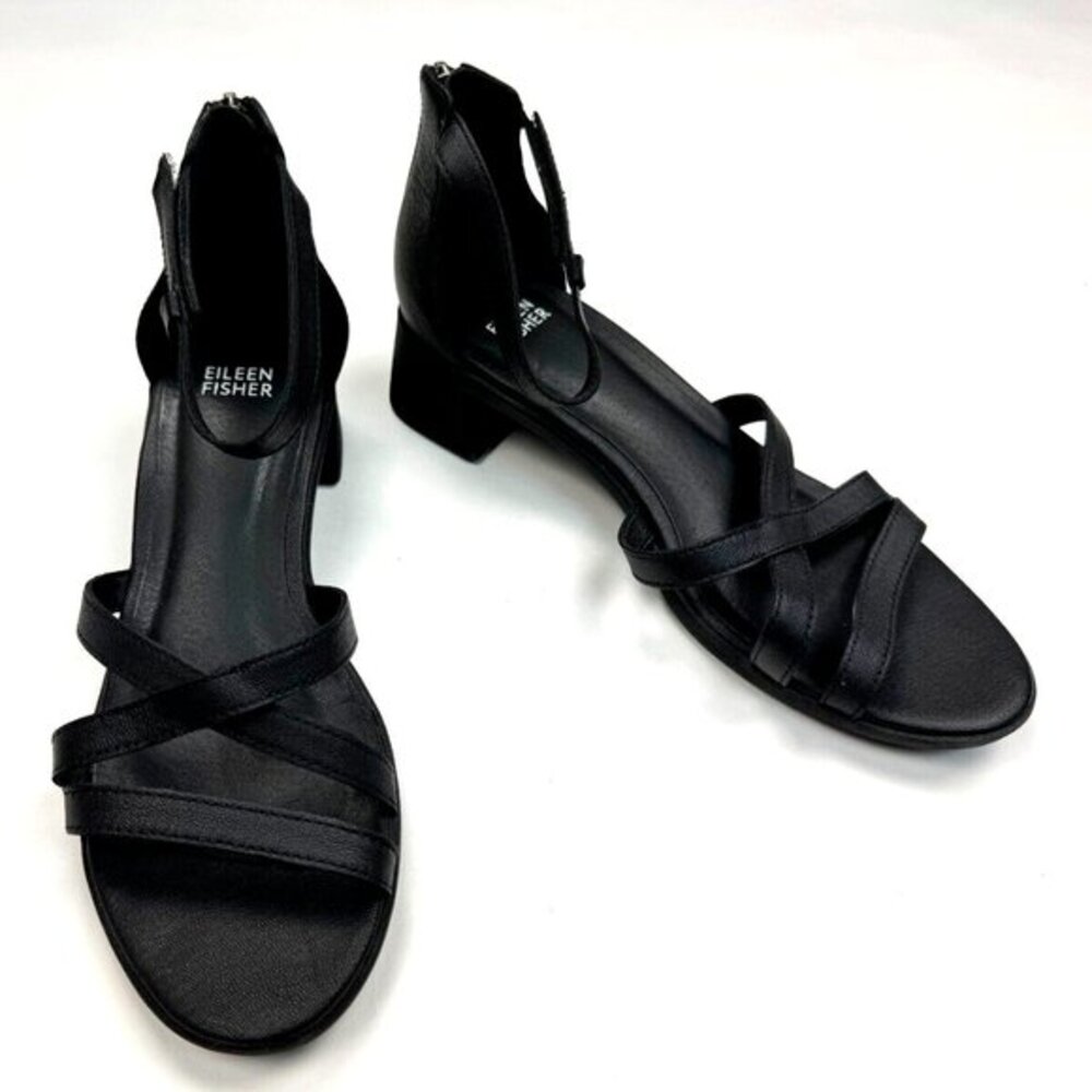 Eileen Fisher Noni Strappy Leather Zip-Cuff Sandals Women 8 EUC Block Heel Black